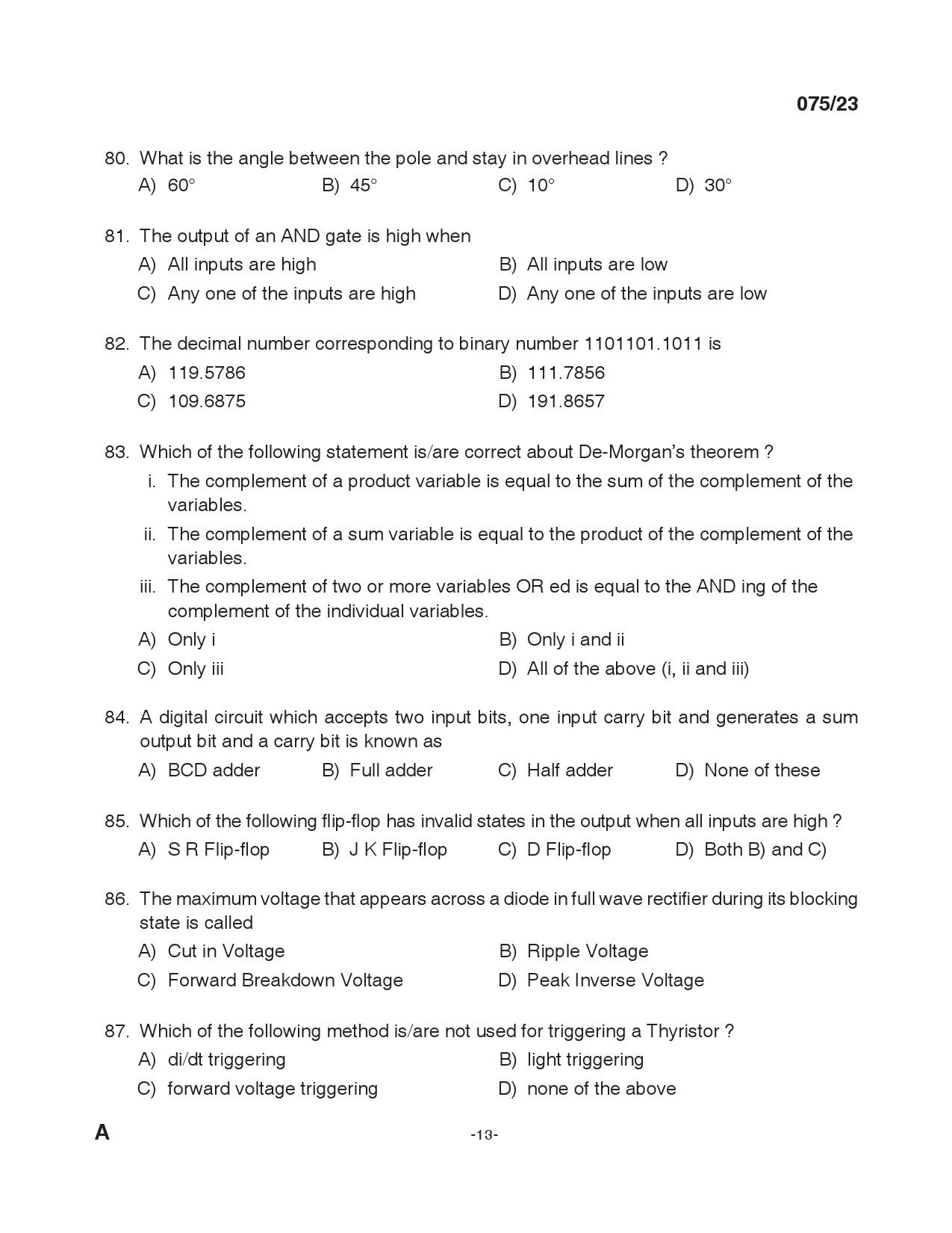 KPSC Overseer Grade II Electrical Exam 2023 Code 0752023 12