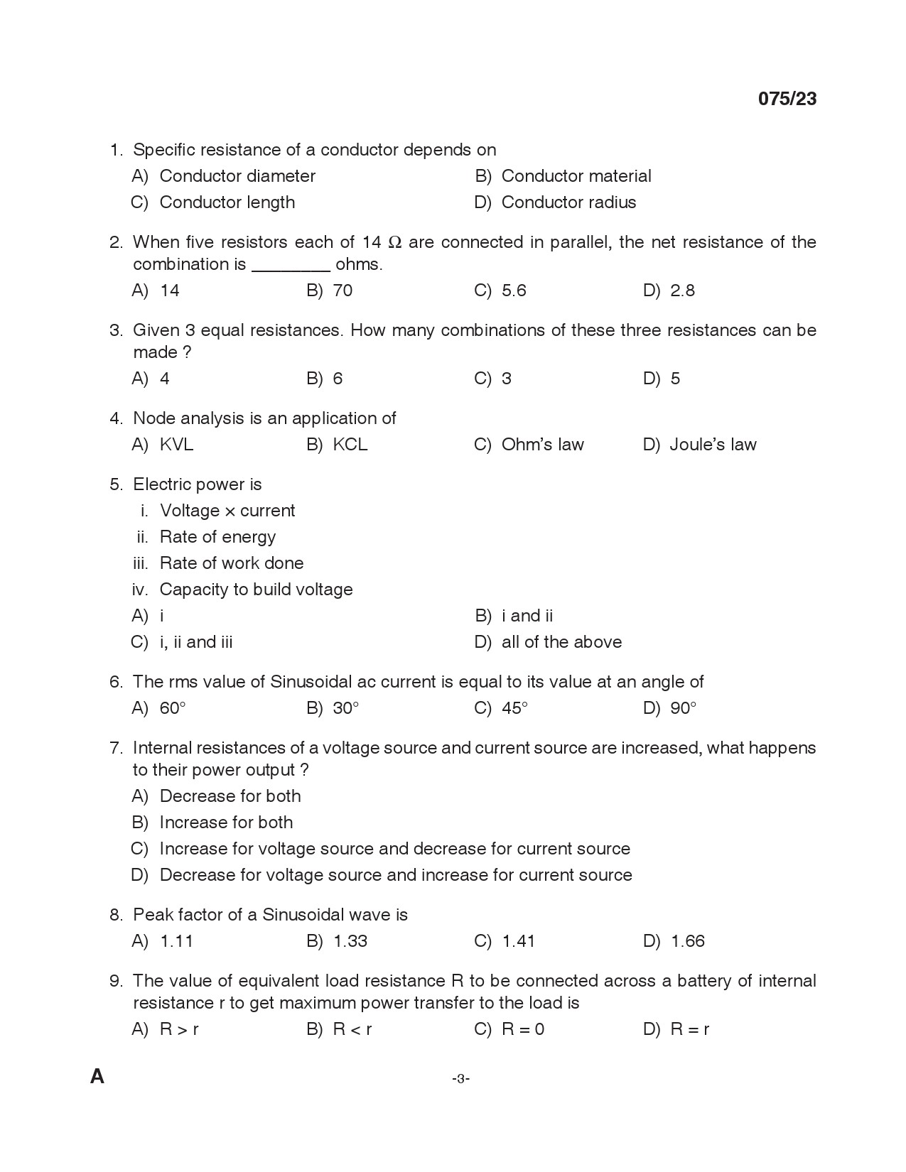 KPSC Overseer Grade II Electrical Exam 2023 Code 0752023 2