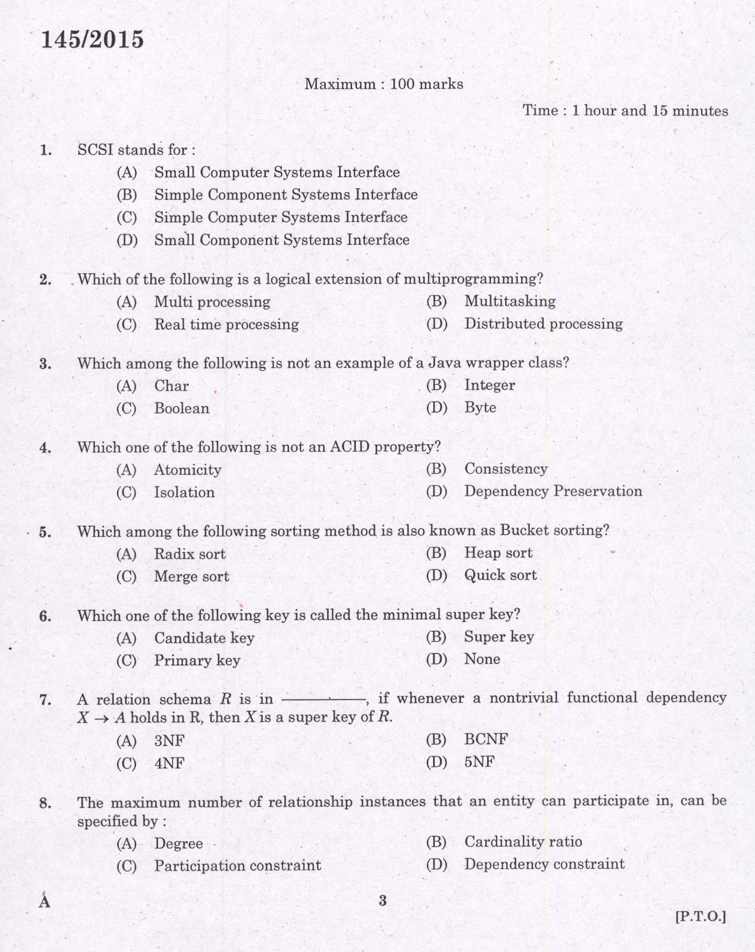 KPSC Programmer Exam 2015 Code 1452015 1