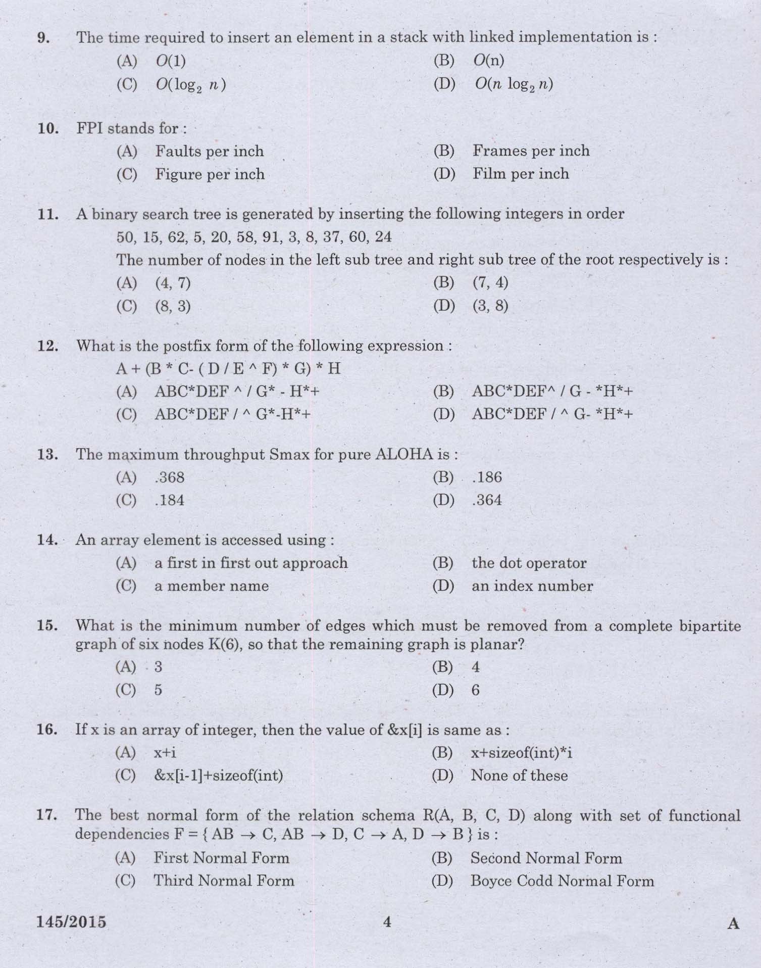 KPSC Programmer Exam 2015 Code 1452015 2