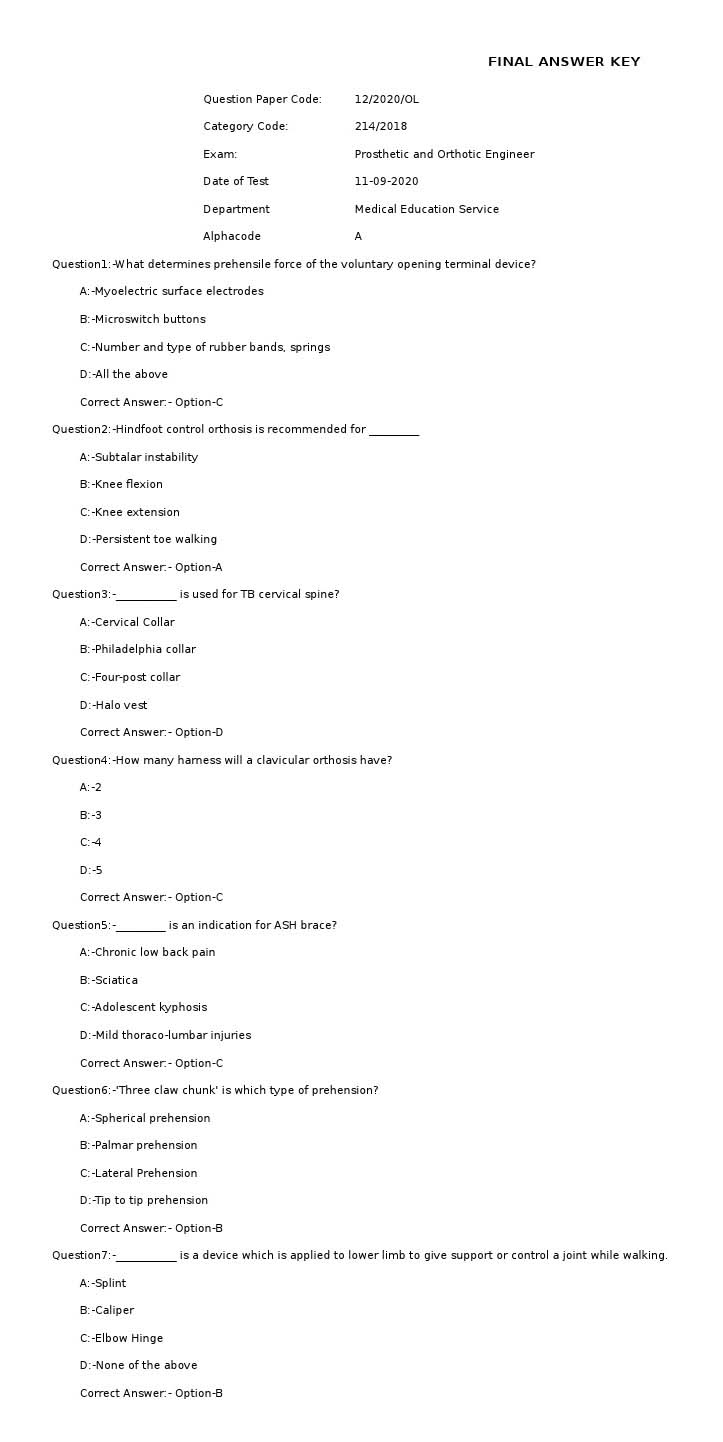 KPSC Prosthetic and Orthotic Engineer Exam 2020 Code 122020OL 1