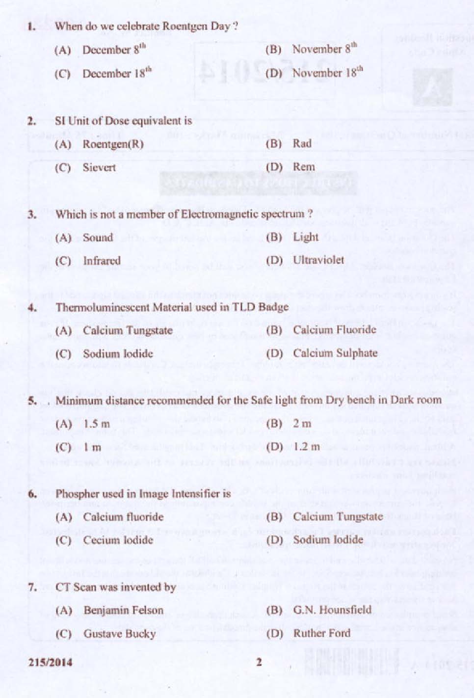 KPSC Radiographer Grade II Exam 2014 Code 2152014 2