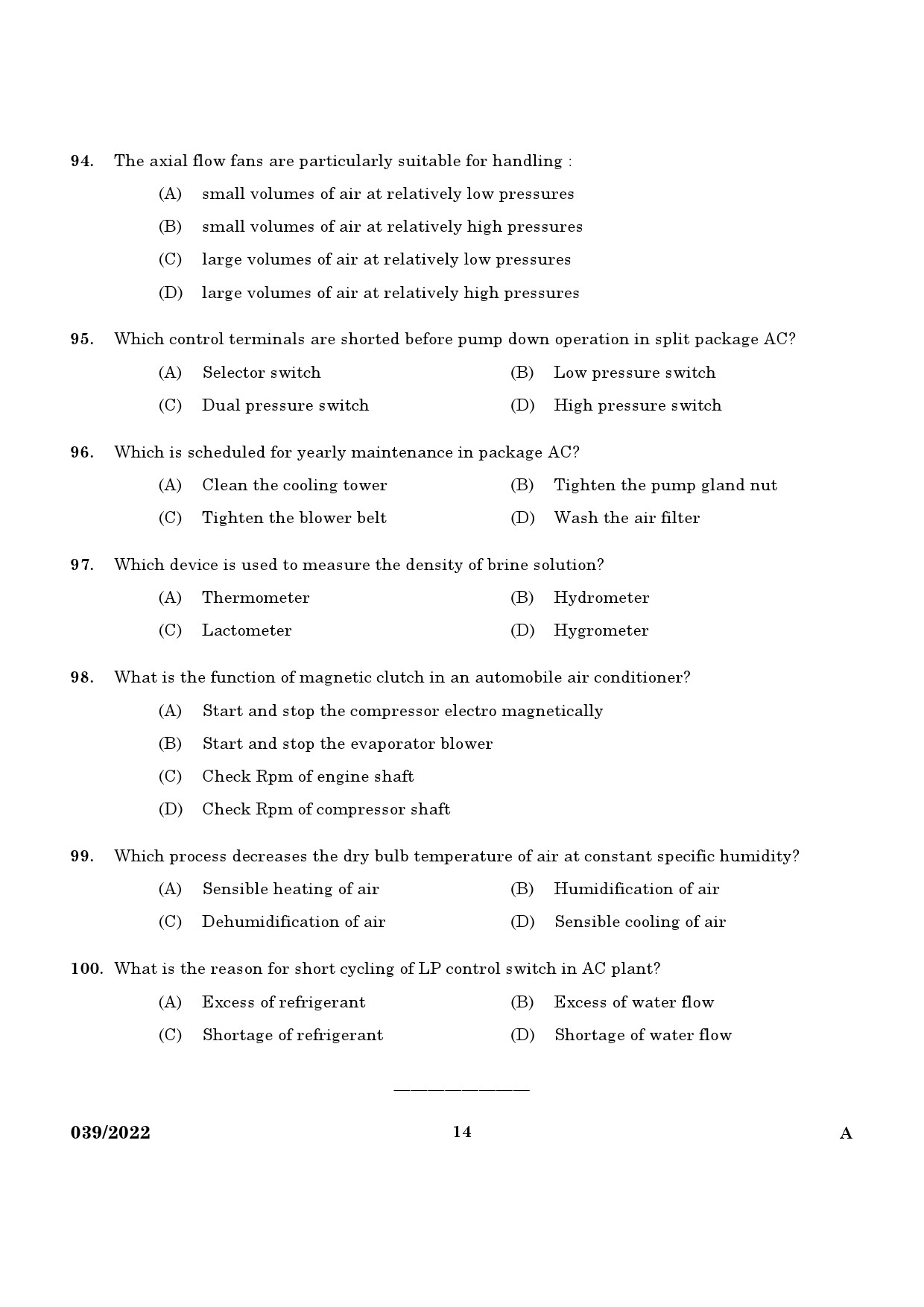 KPSC Refrigeration Mechanic Exam 2022 Code 0392022 12