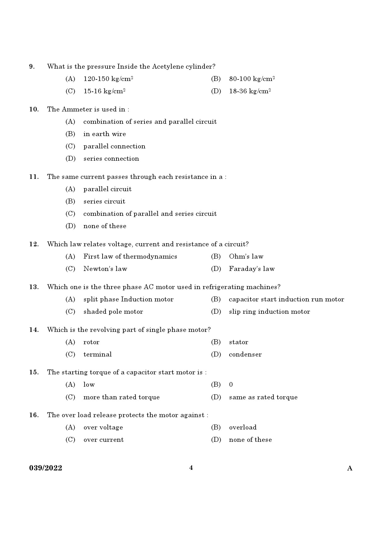 KPSC Refrigeration Mechanic Exam 2022 Code 0392022 2