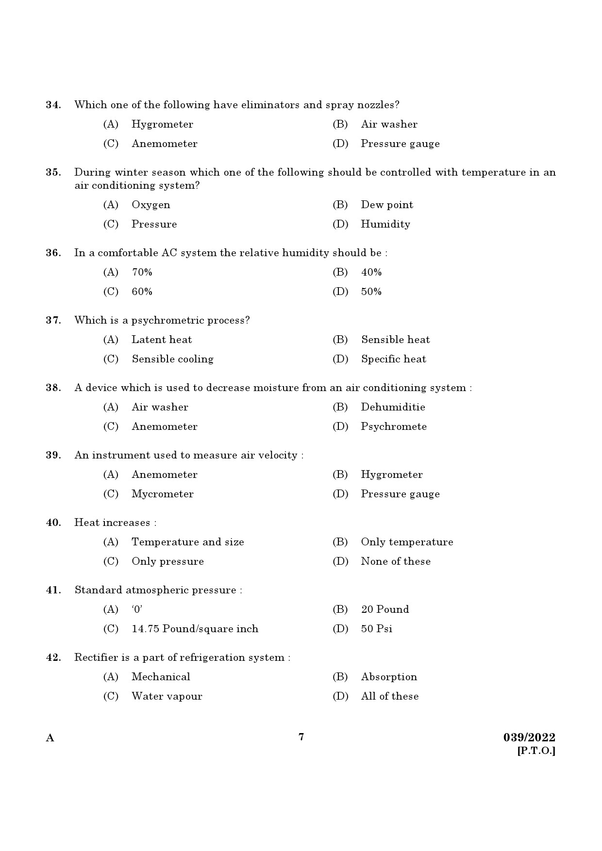 KPSC Refrigeration Mechanic Exam 2022 Code 0392022 5