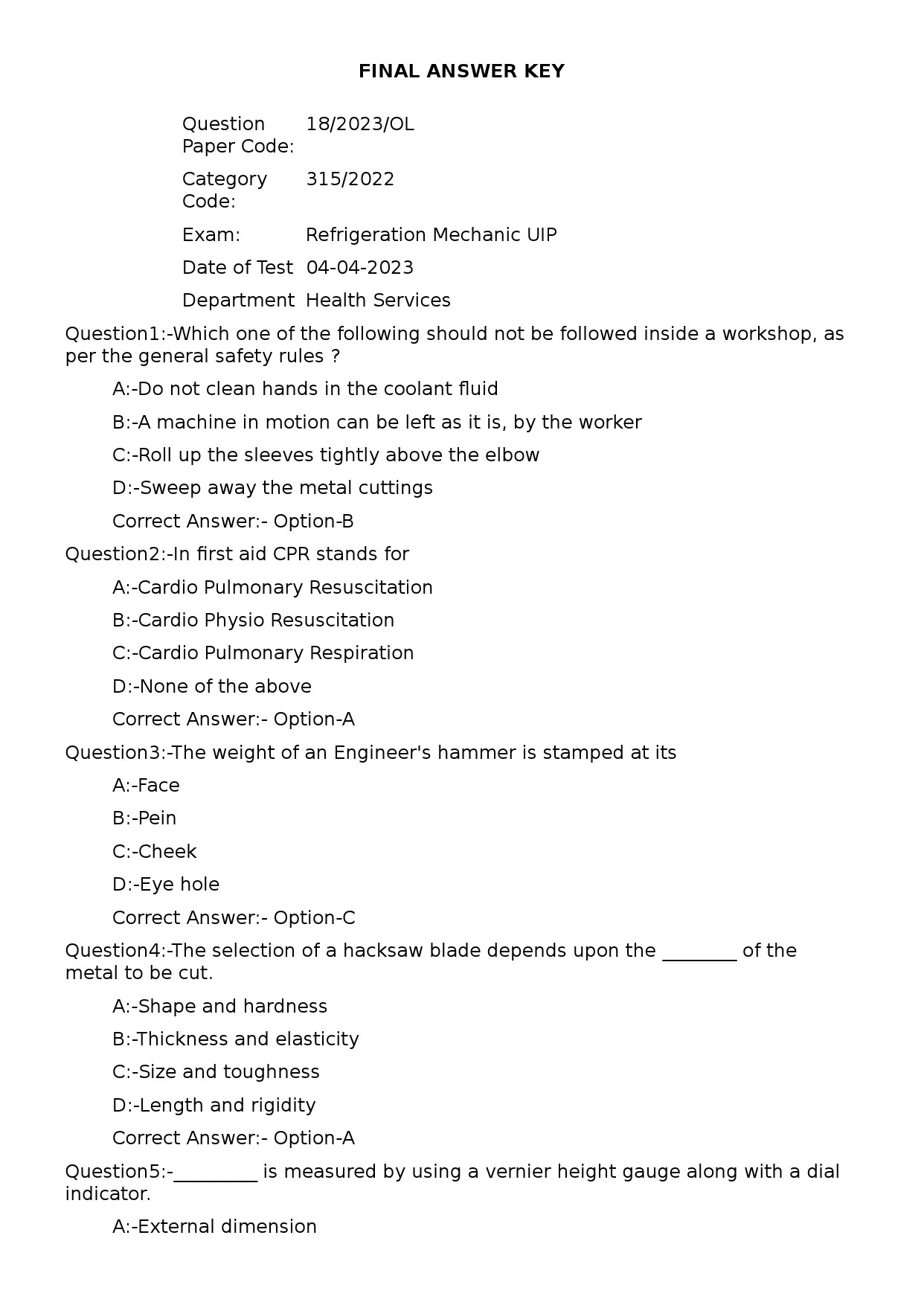 KPSC Refrigeration Mechanic Exam 2023 Code 182023OL 1