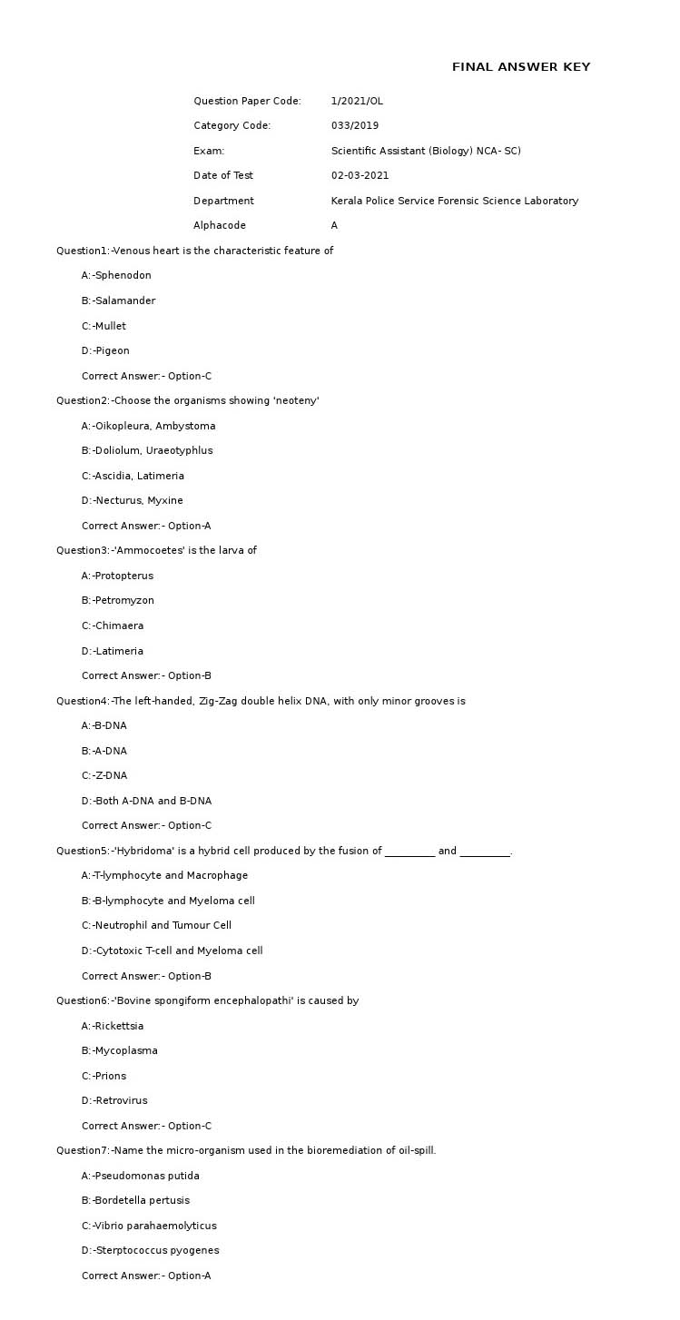 KPSC Scientific Assistant Biology Exam 2021 Code 12021OL 1