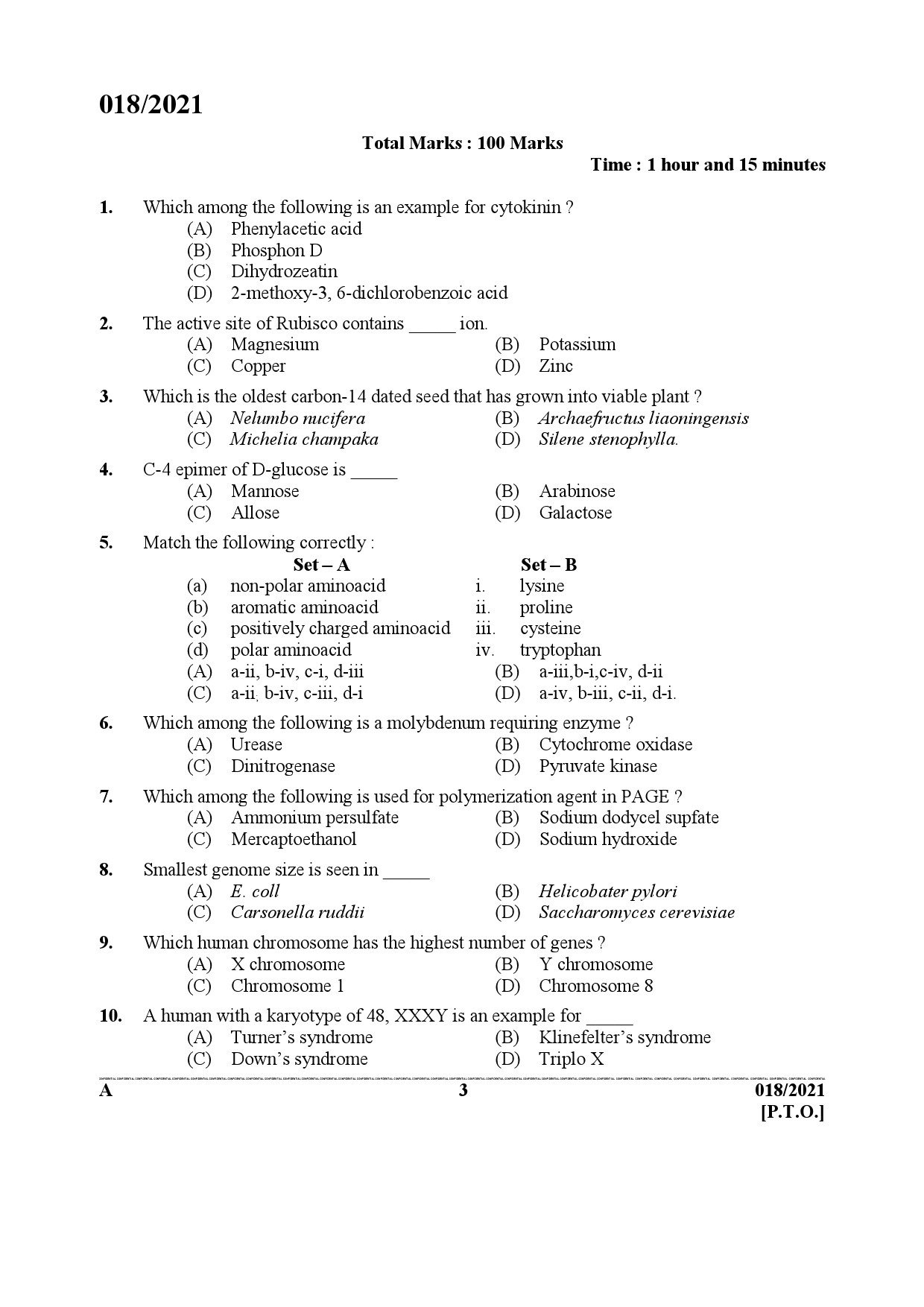 KPSC Scientific Officer Biology Exam 2021 Code 0182021 2