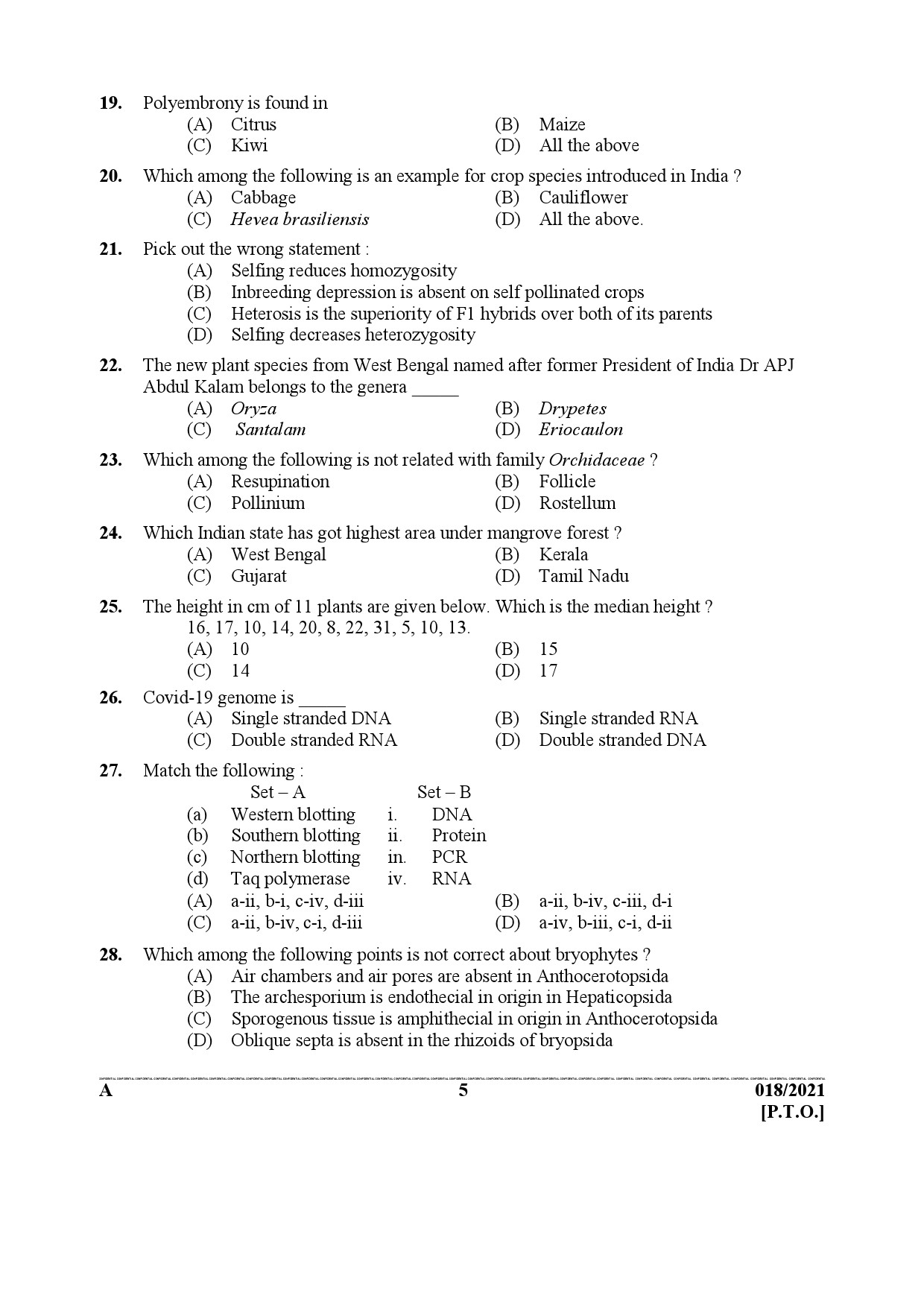 KPSC Scientific Officer Biology Exam 2021 Code 0182021 4