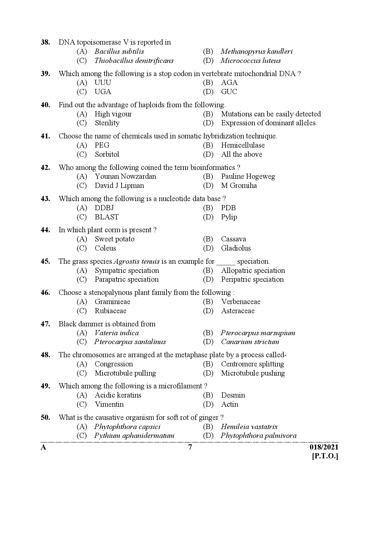 KPSC Scientific Officer Biology Exam 2021 Code 0182021 6