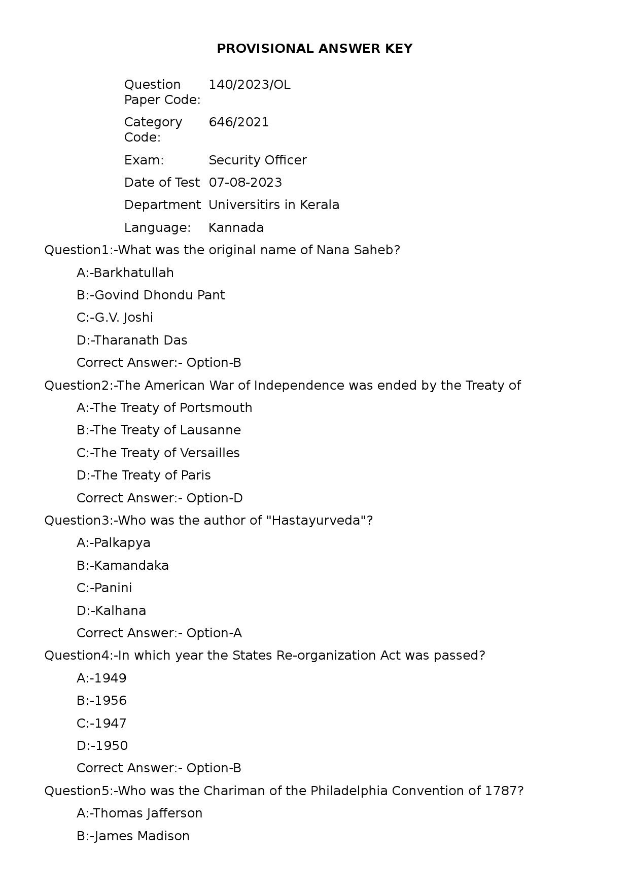 KPSC Security Officer Kannada Exam 2023 Code 1402023OL 1