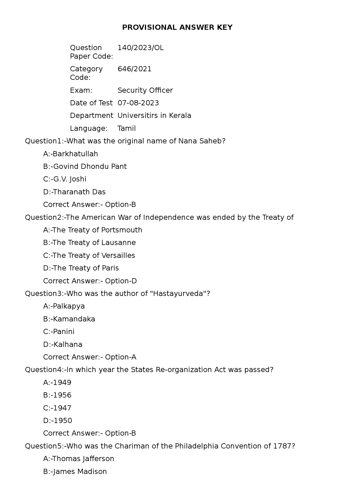 KPSC Security Officer Tamil Exam 2023 Code 1402023OL 1