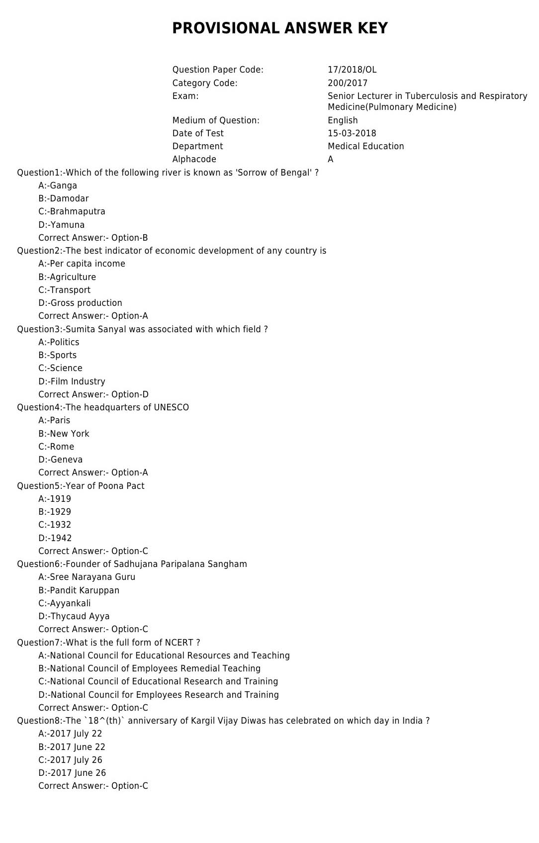 KPSC Tuberculosis And Respiratory Medicine Exam 172018OL 1