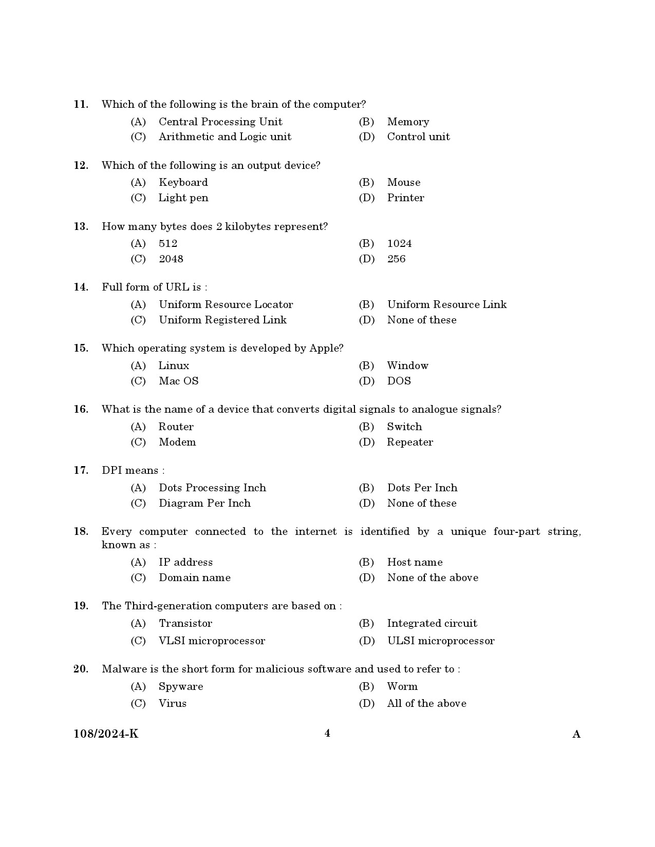 KPSC Steno Typist Kannada Exam 2024 Code 108 2024 K 2