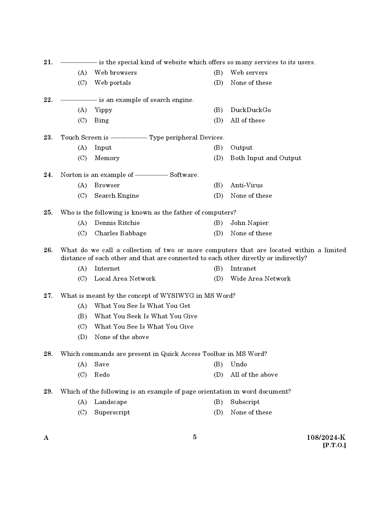 KPSC Steno Typist Kannada Exam 2024 Code 108 2024 K 3