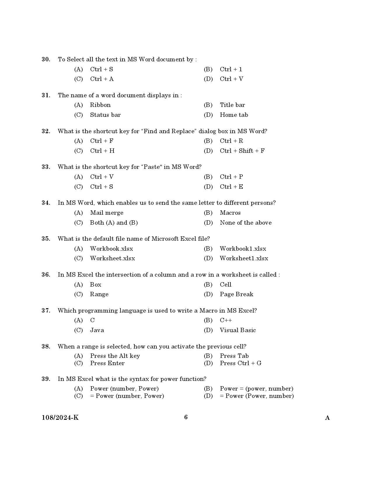 KPSC Steno Typist Kannada Exam 2024 Code 108 2024 K 4