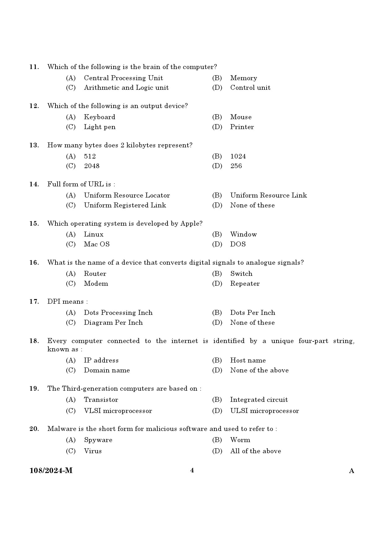 KPSC Steno Typist Malayalam Exam 2024 Code 108 2024 M 2