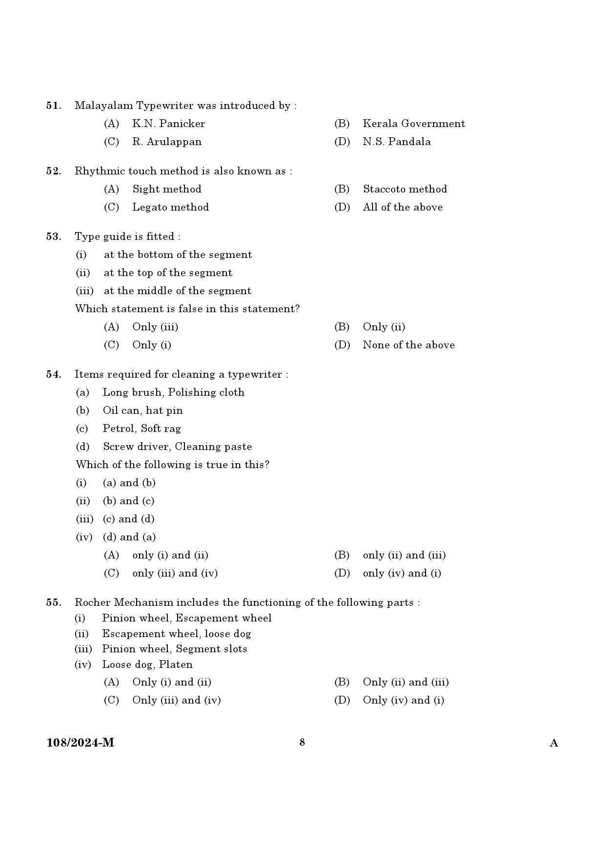 KPSC Steno Typist Malayalam Exam 2024 Code 108 2024 M 6