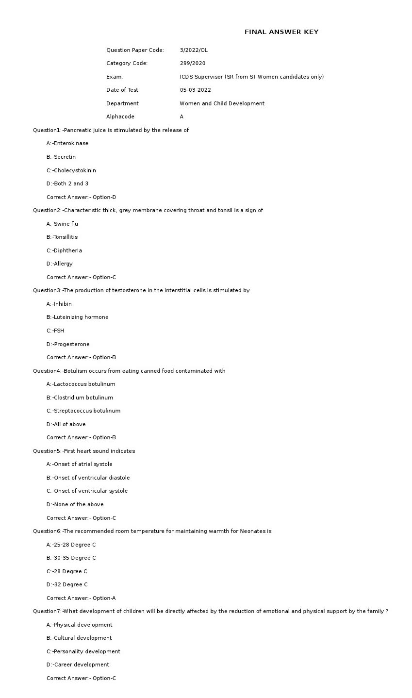 KPSC ICDS Supervisor Exam 2021 Code 32022OL 1