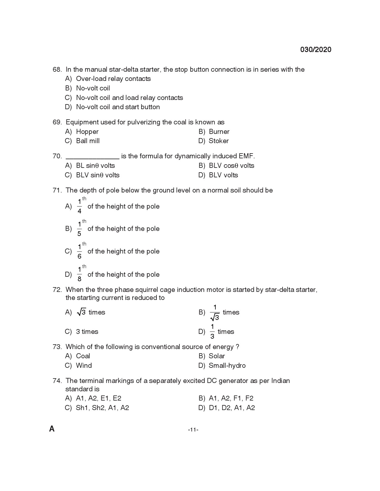 KPSC Technician Grade II Electrician Exam 2020 Code 0302020 10