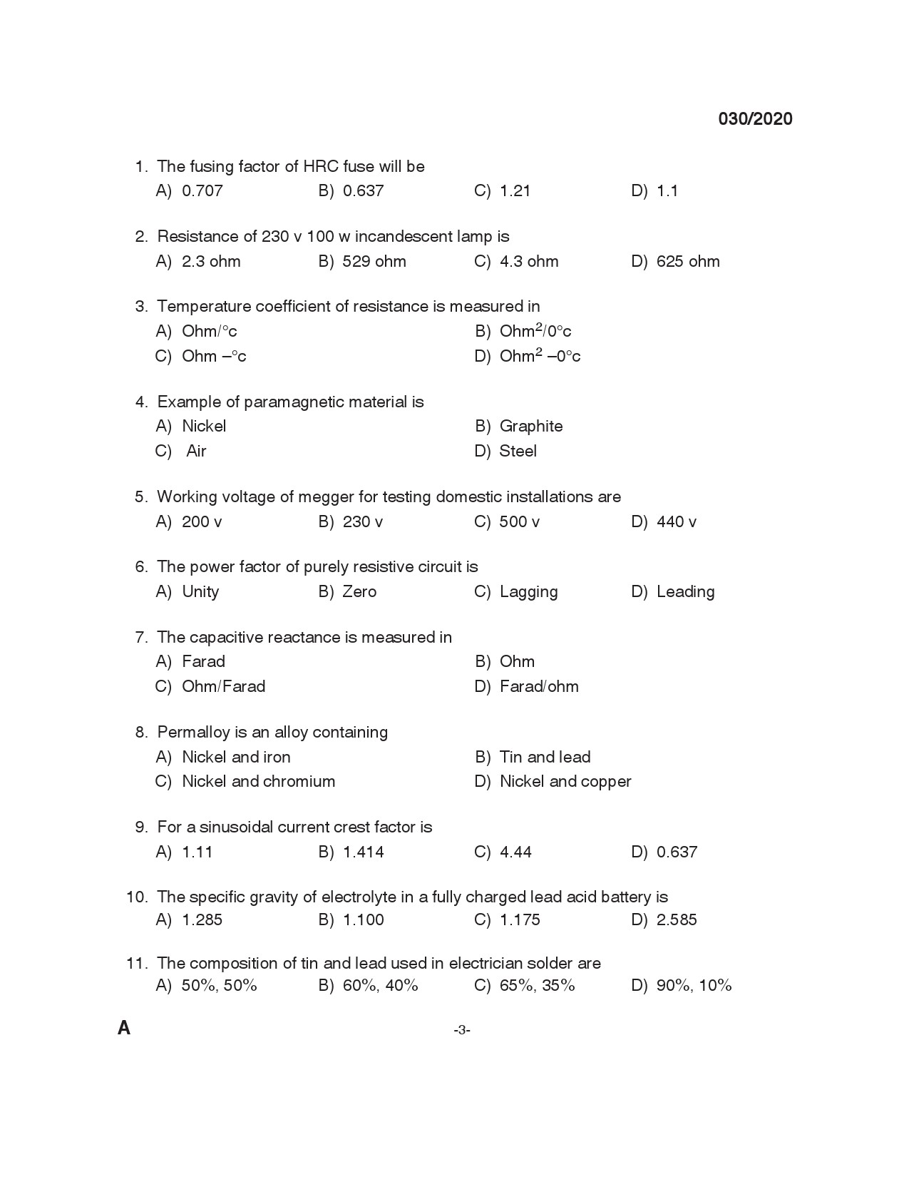 KPSC Technician Grade II Electrician Exam 2020 Code 0302020 2