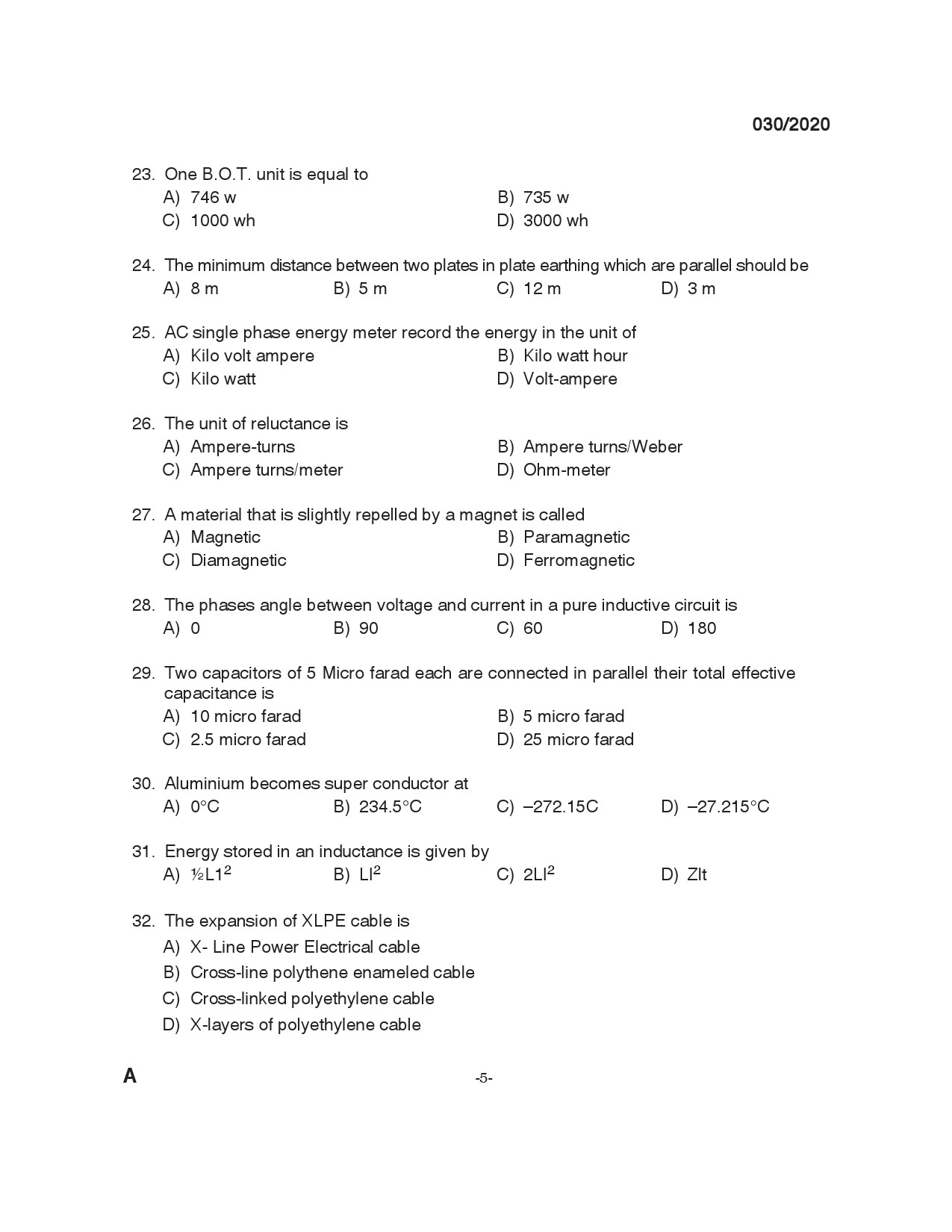 KPSC Technician Grade II Electrician Exam 2020 Code 0302020 4