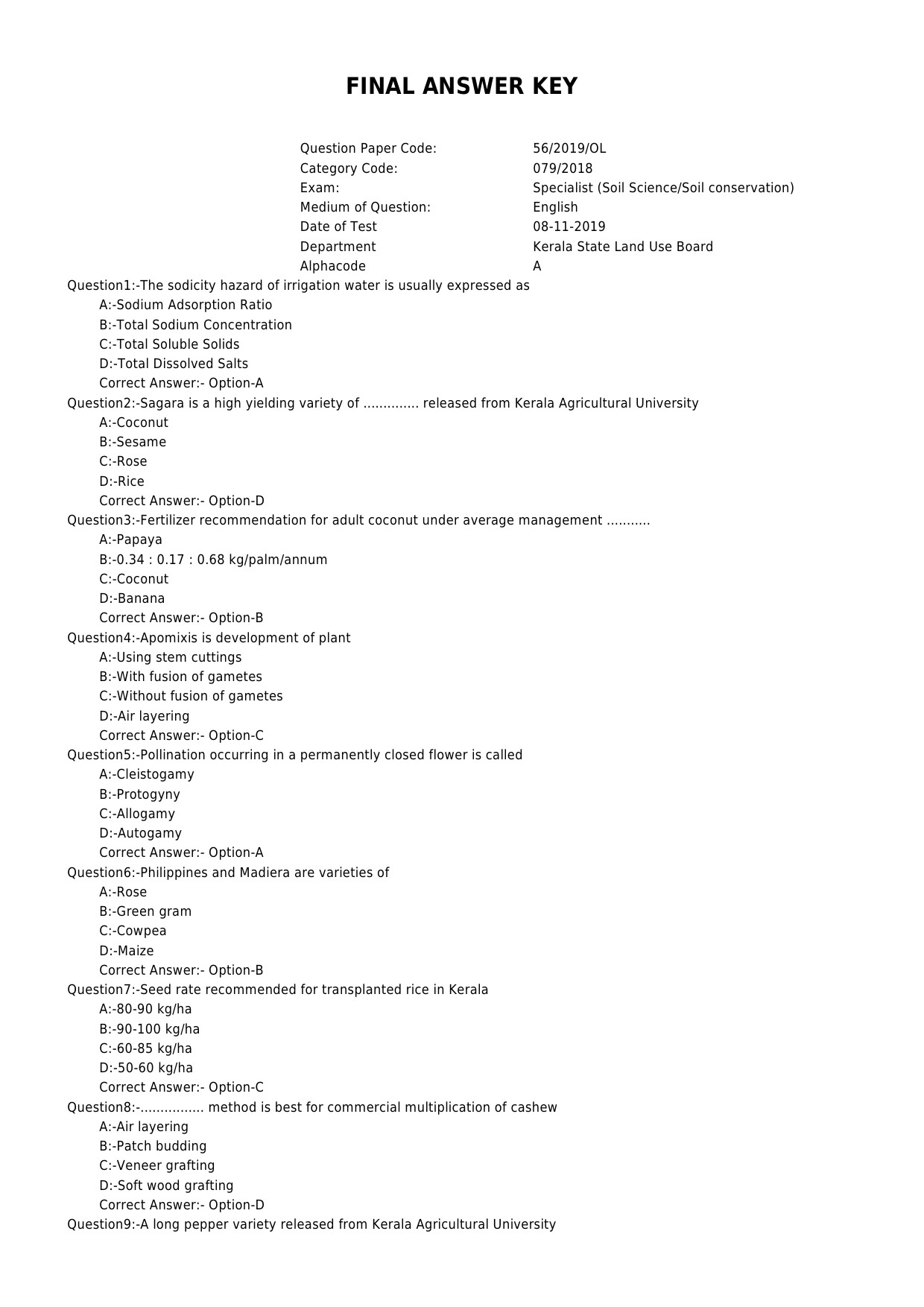 KPSC Specialist Soil Science and Conservation Exam 2019 Code 562019OL 1