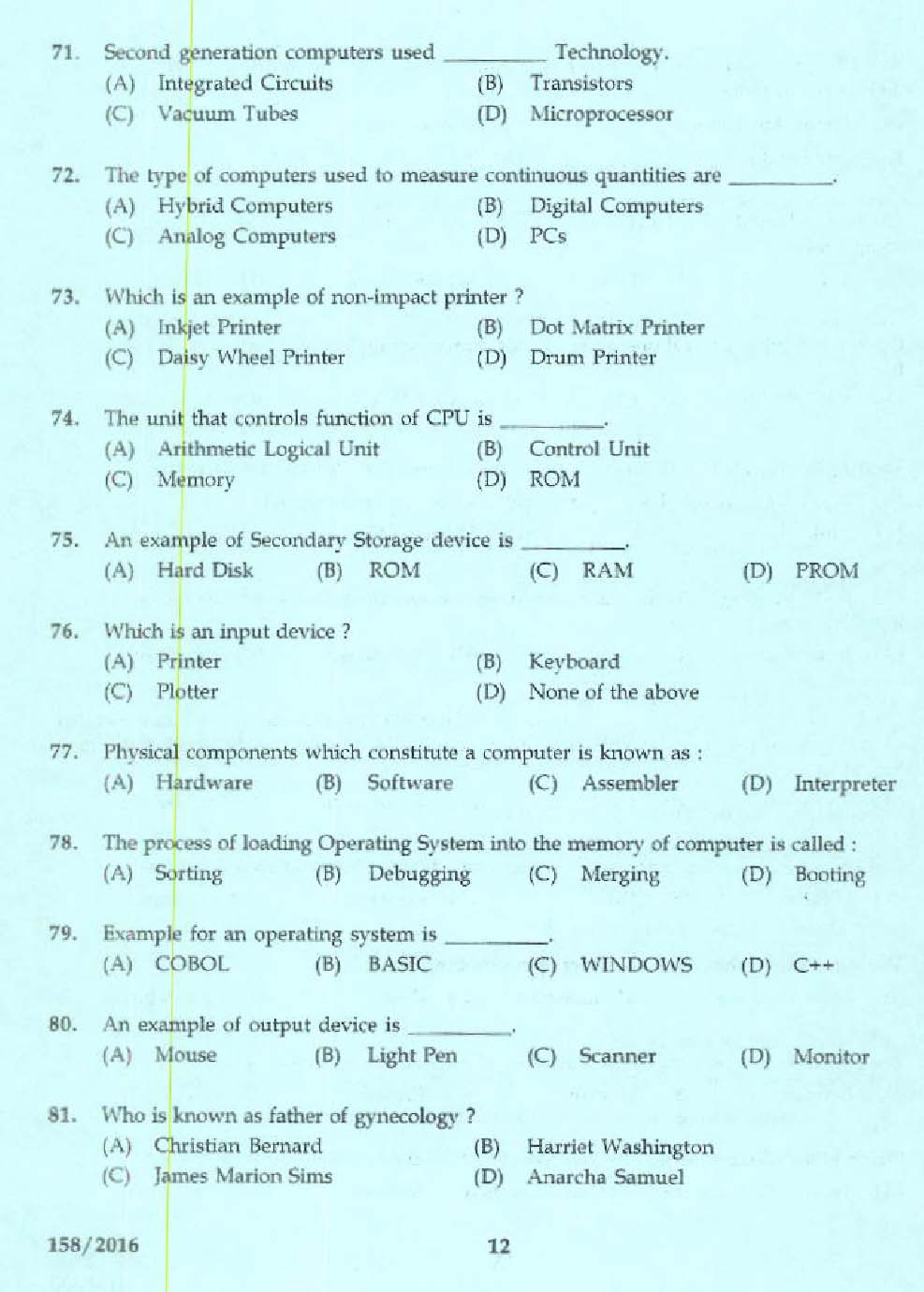 KPSC Tracer Exam 2016 Code 1582016 10