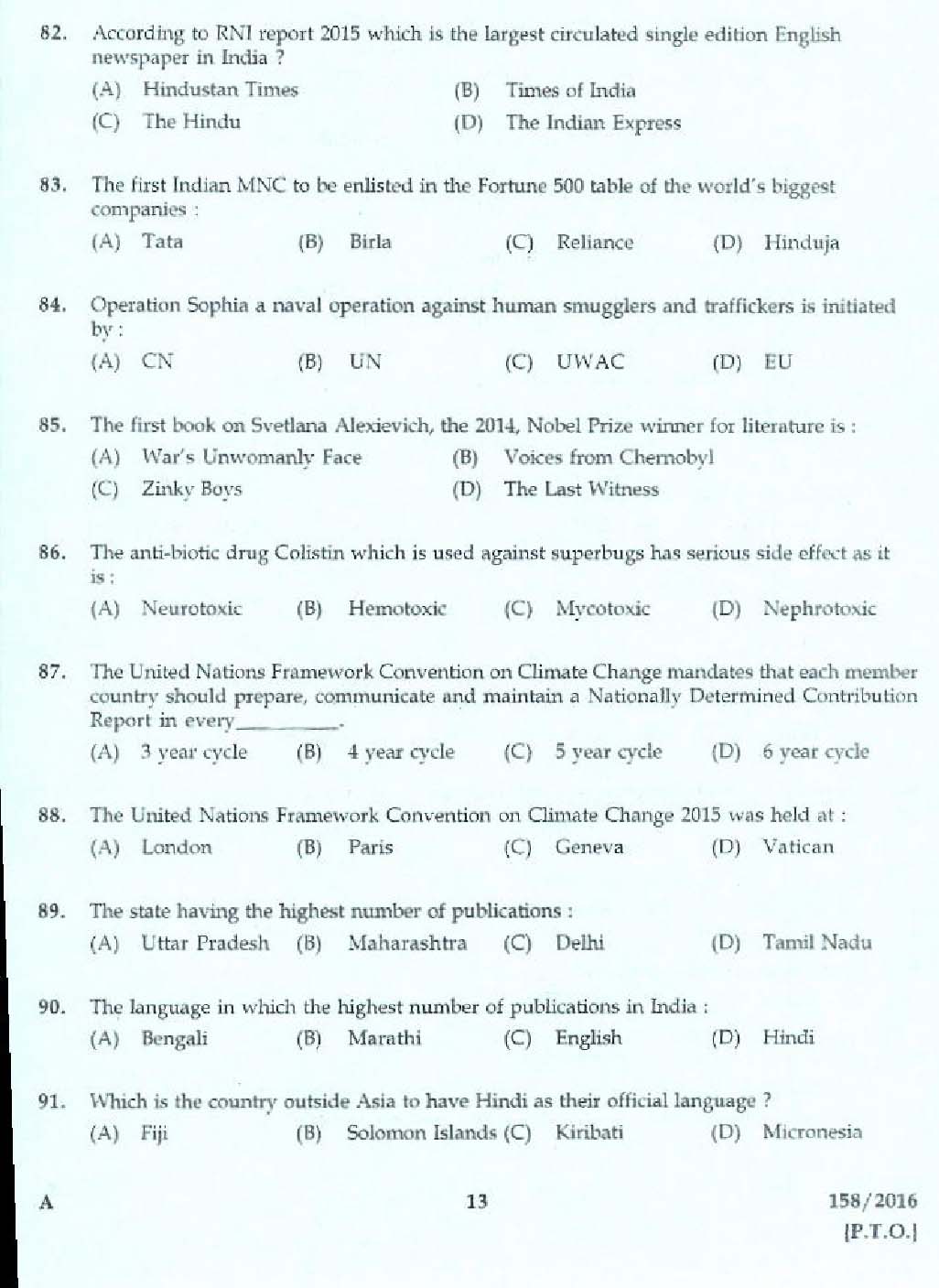 KPSC Tracer Exam 2016 Code 1582016 11