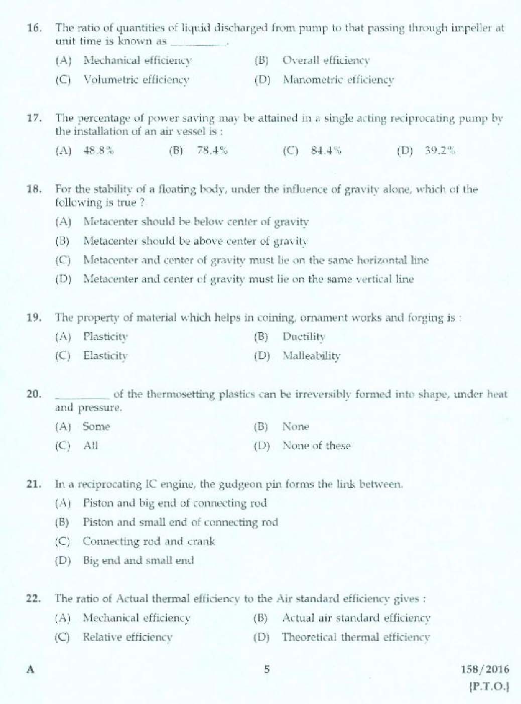 KPSC Tracer Exam 2016 Code 1582016 3