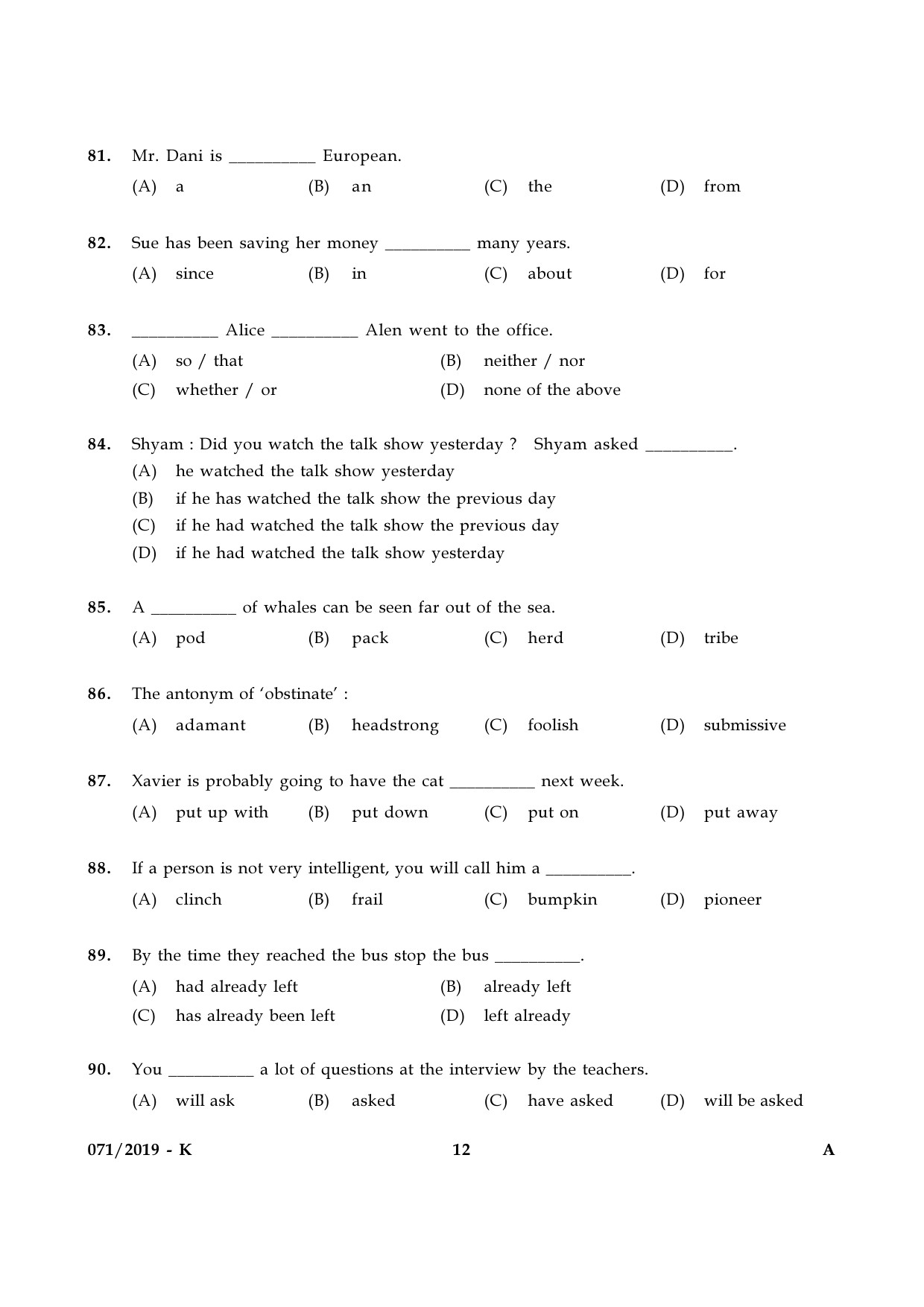 KPSC Village Extension Officer Grade II Exam Question Paper 0712019 K 11