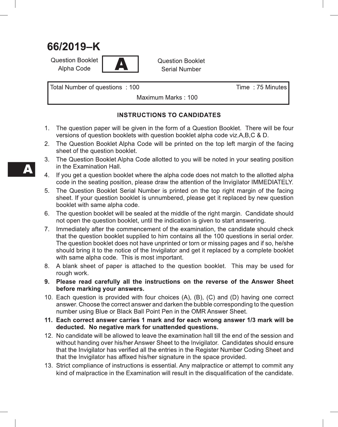 KPSC Village Extension Officer Grade II Exam Question Paper 662019 K 1