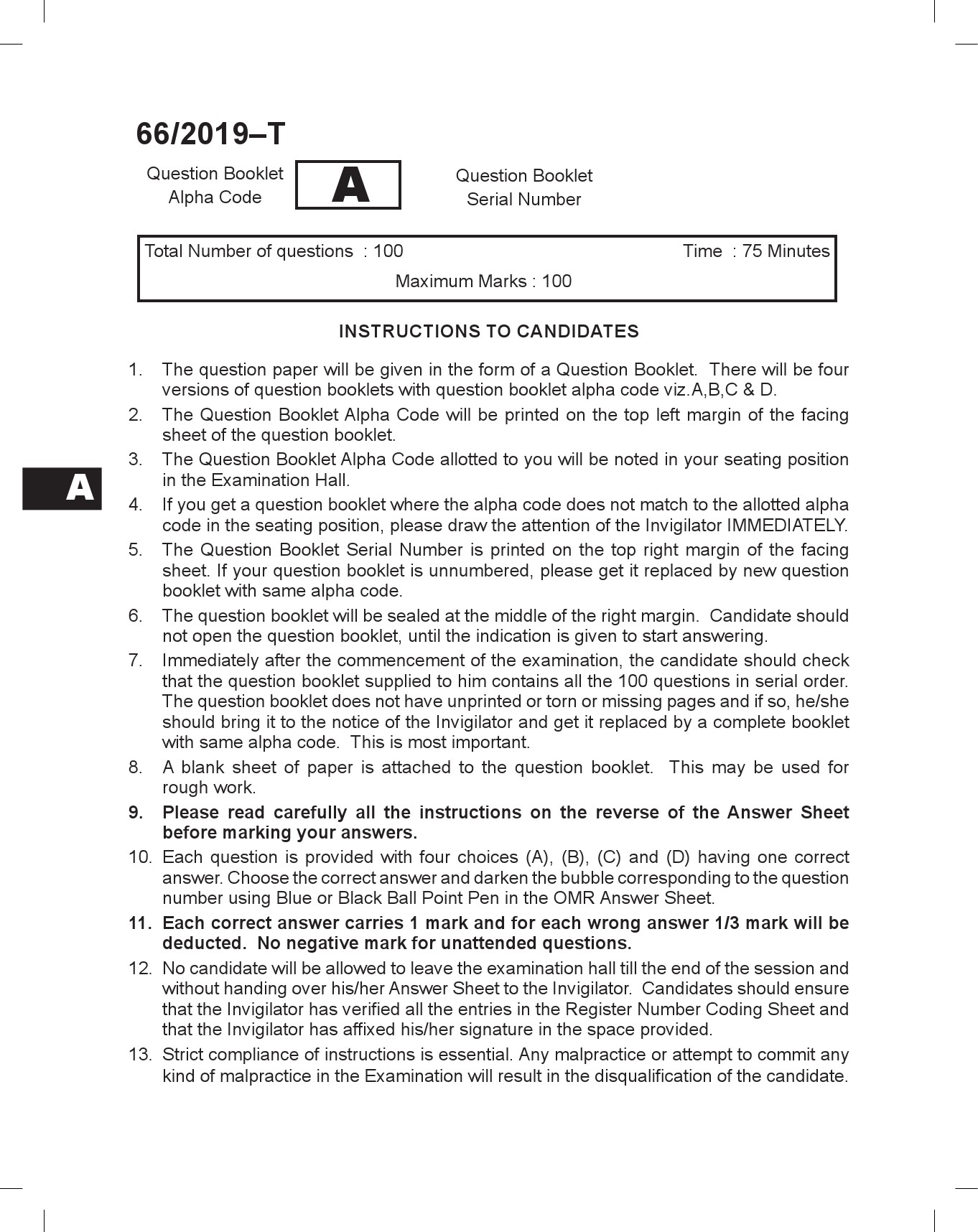 KPSC Village Extension Officer Grade II Exam Question Paper 662019 T A 1