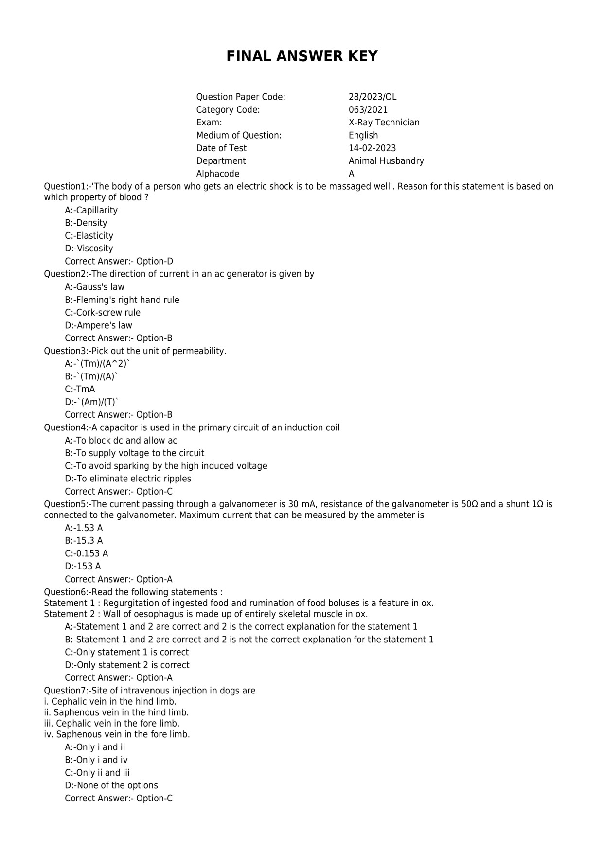 KPSC X Ray Technician Exam 2023 Code 282023OL 1