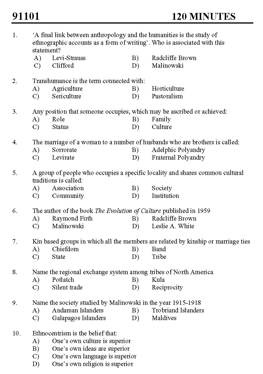 Kerala SET Anthropology Exam 2011 Question Code 91101 1