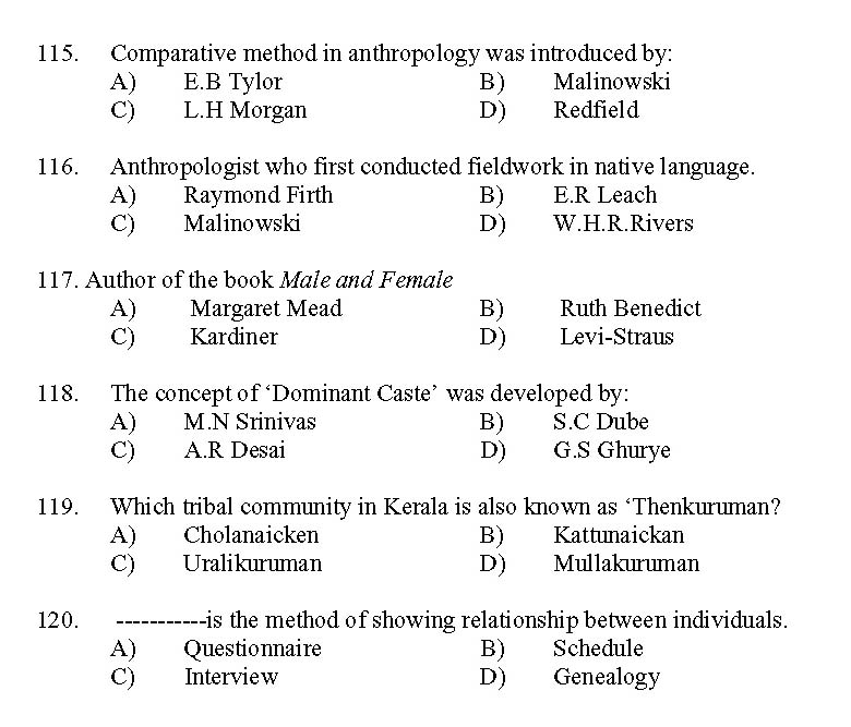 Kerala SET Anthropology Exam 2011 Question Code 91101 12