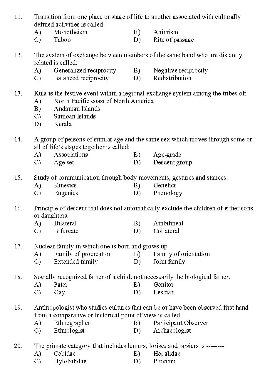Kerala SET Anthropology Exam 2011 Question Code 91101 2