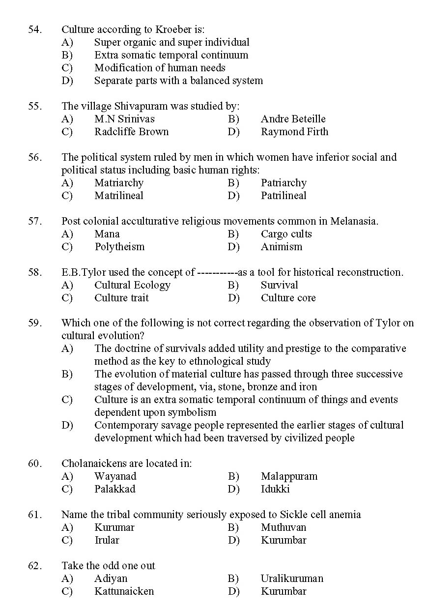 Kerala SET Anthropology Exam 2011 Question Code 91101 6