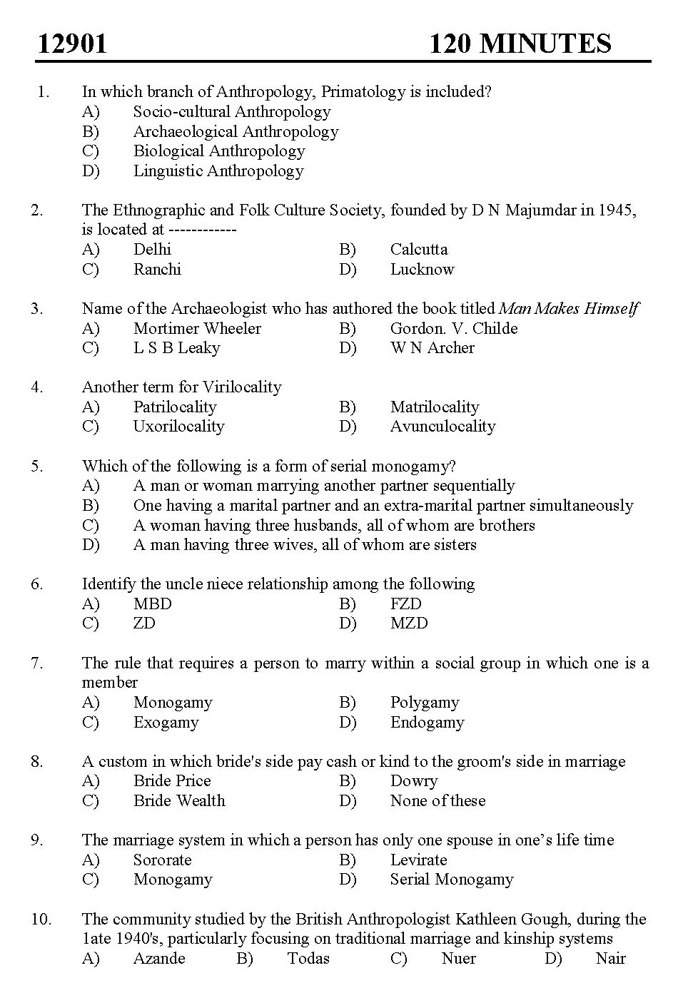 Kerala SET Anthropology Exam 2012 Question Code 12901 1