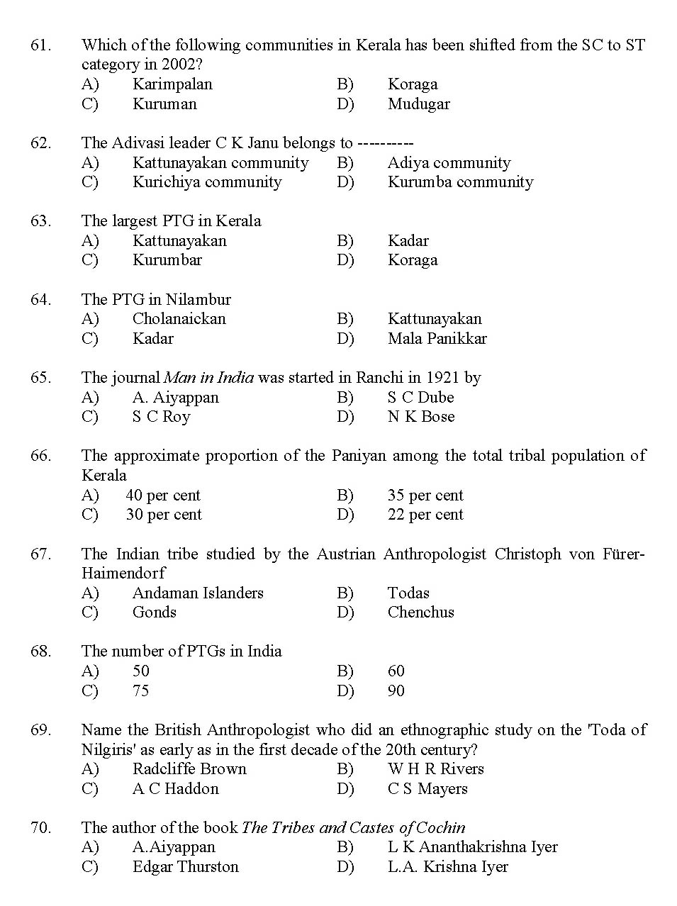 Kerala SET Anthropology Exam 2012 Question Code 12901 7