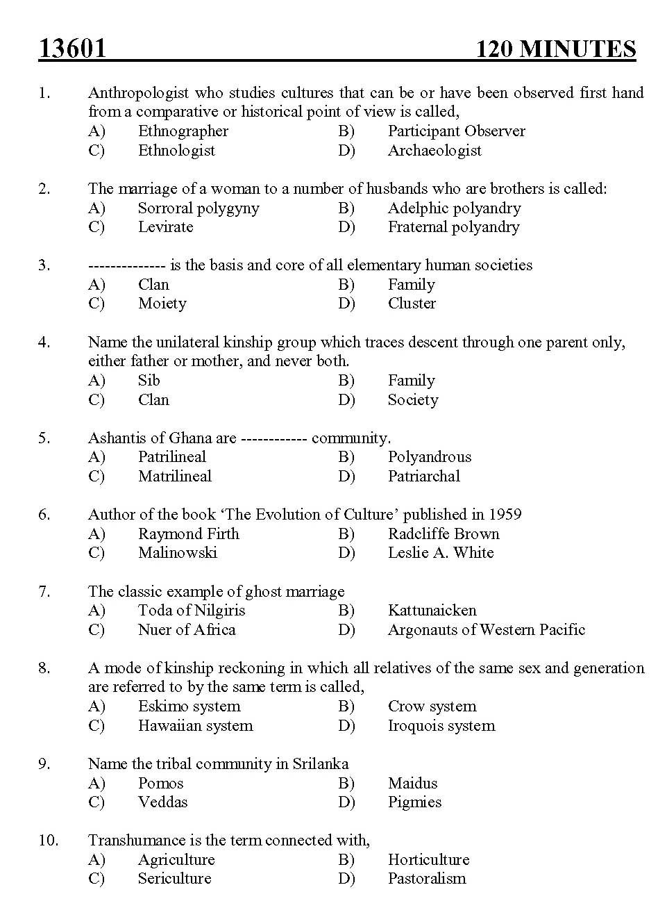 Kerala SET Anthropology Exam 2013 Question Code 13601 1