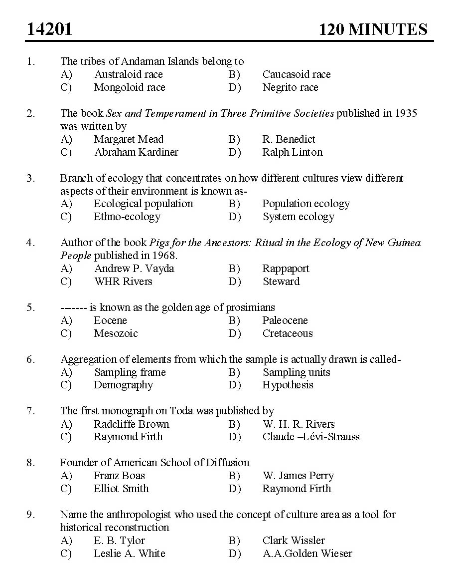 Kerala SET Anthropology Exam 2014 Question Code 14201 1