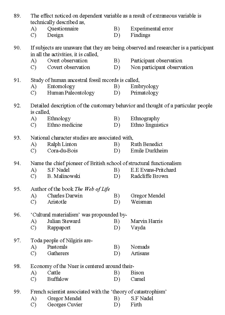 Kerala SET Anthropology Exam 2014 Question Code 14201 10