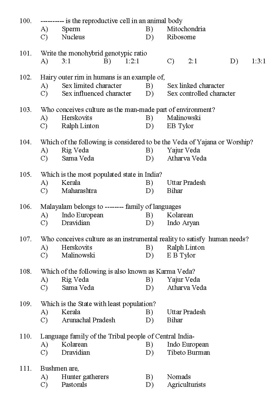 Kerala SET Anthropology Exam 2014 Question Code 14201 11