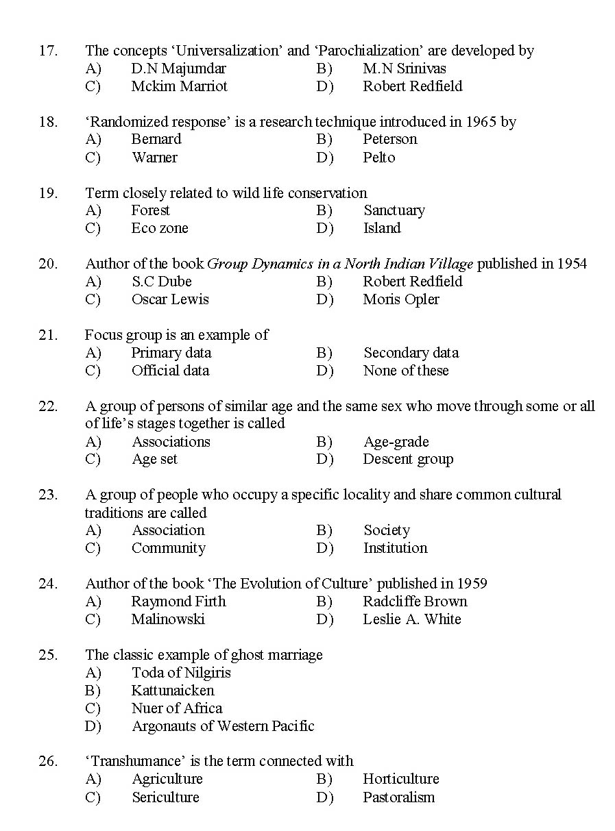 Kerala SET Anthropology Exam 2014 Question Code 14201 3