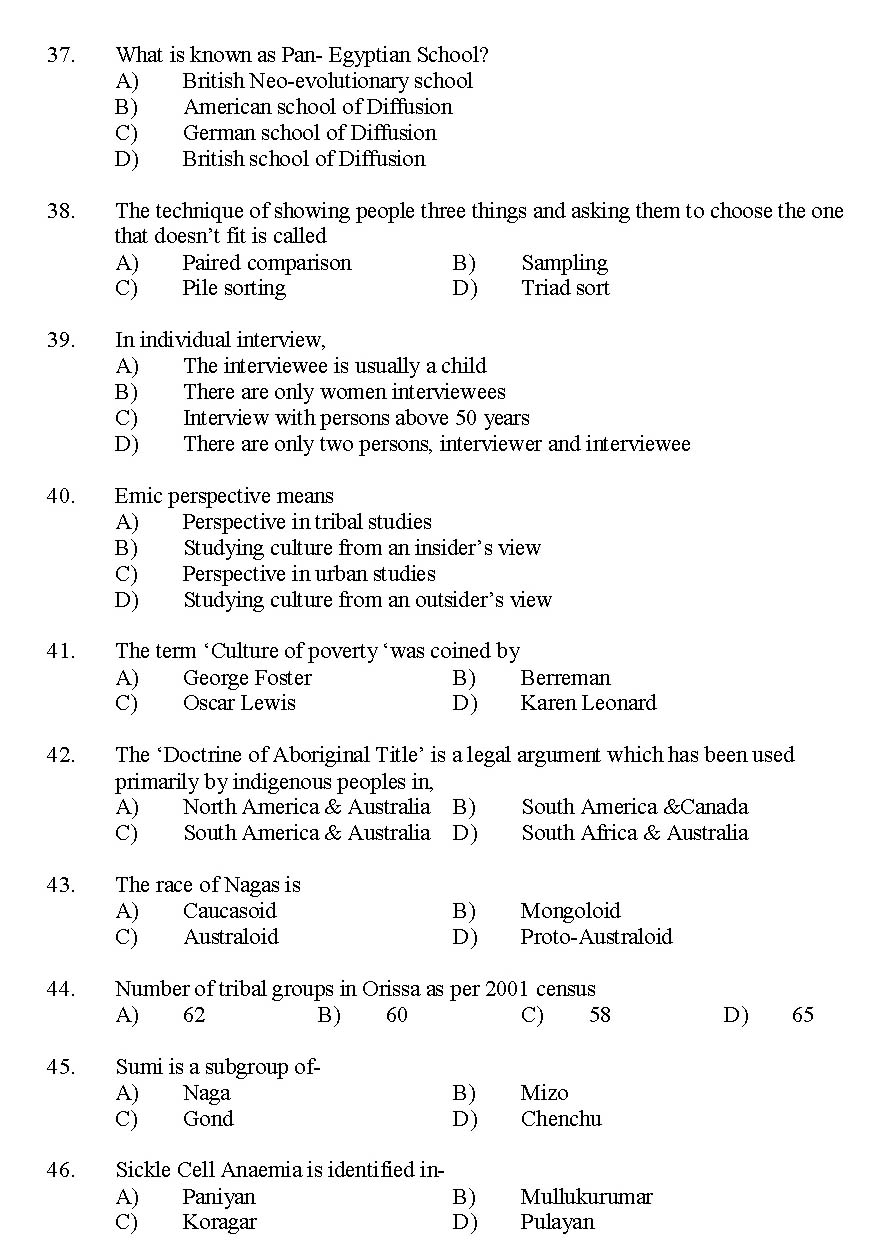 Kerala SET Anthropology Exam 2014 Question Code 14201 5