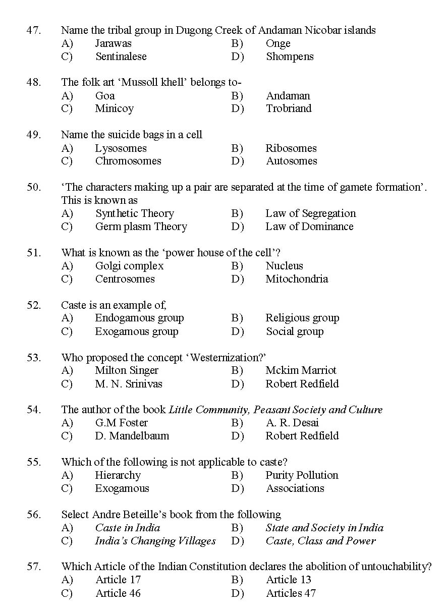 Kerala SET Anthropology Exam 2014 Question Code 14201 6