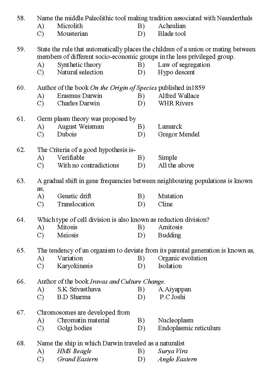 Kerala SET Anthropology Exam 2014 Question Code 14201 7