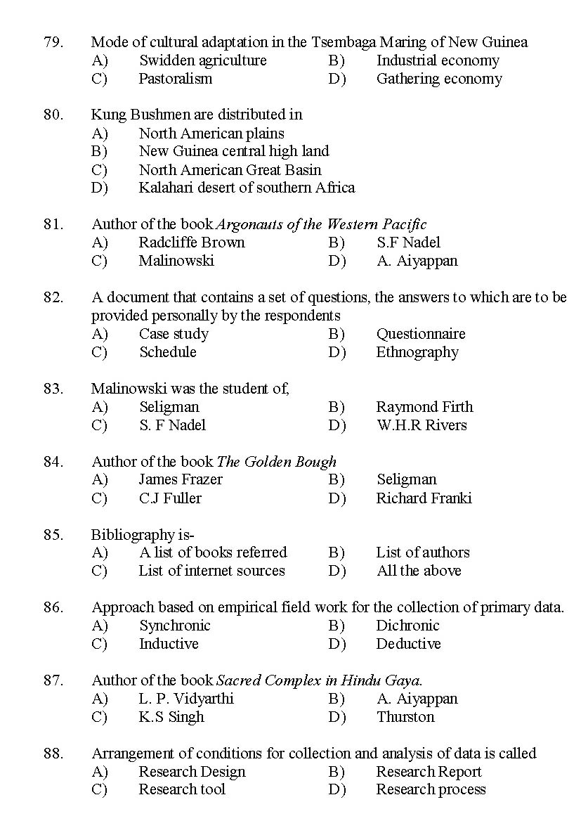 Kerala SET Anthropology Exam 2014 Question Code 14201 9