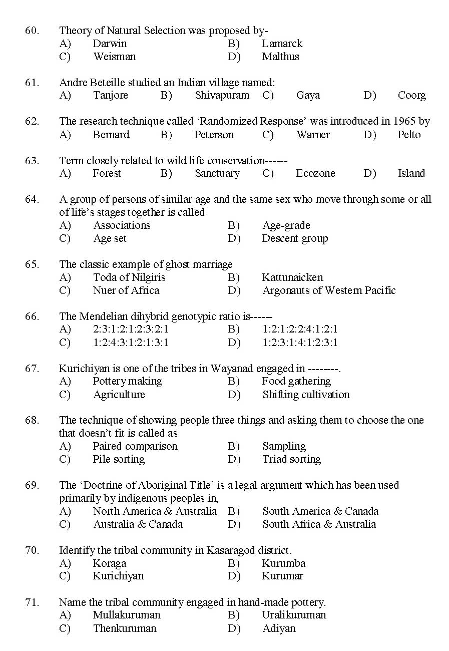Kerala SET Anthropology Exam 2015 Question Code 15601 7
